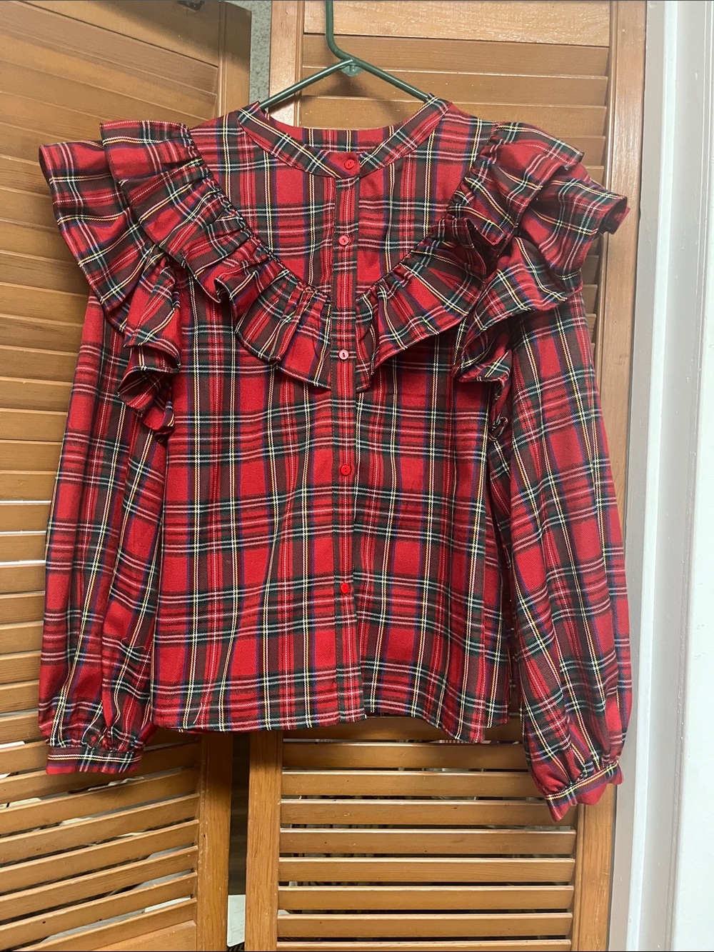 Red Plaid Ruffle Button-Front Women's Top